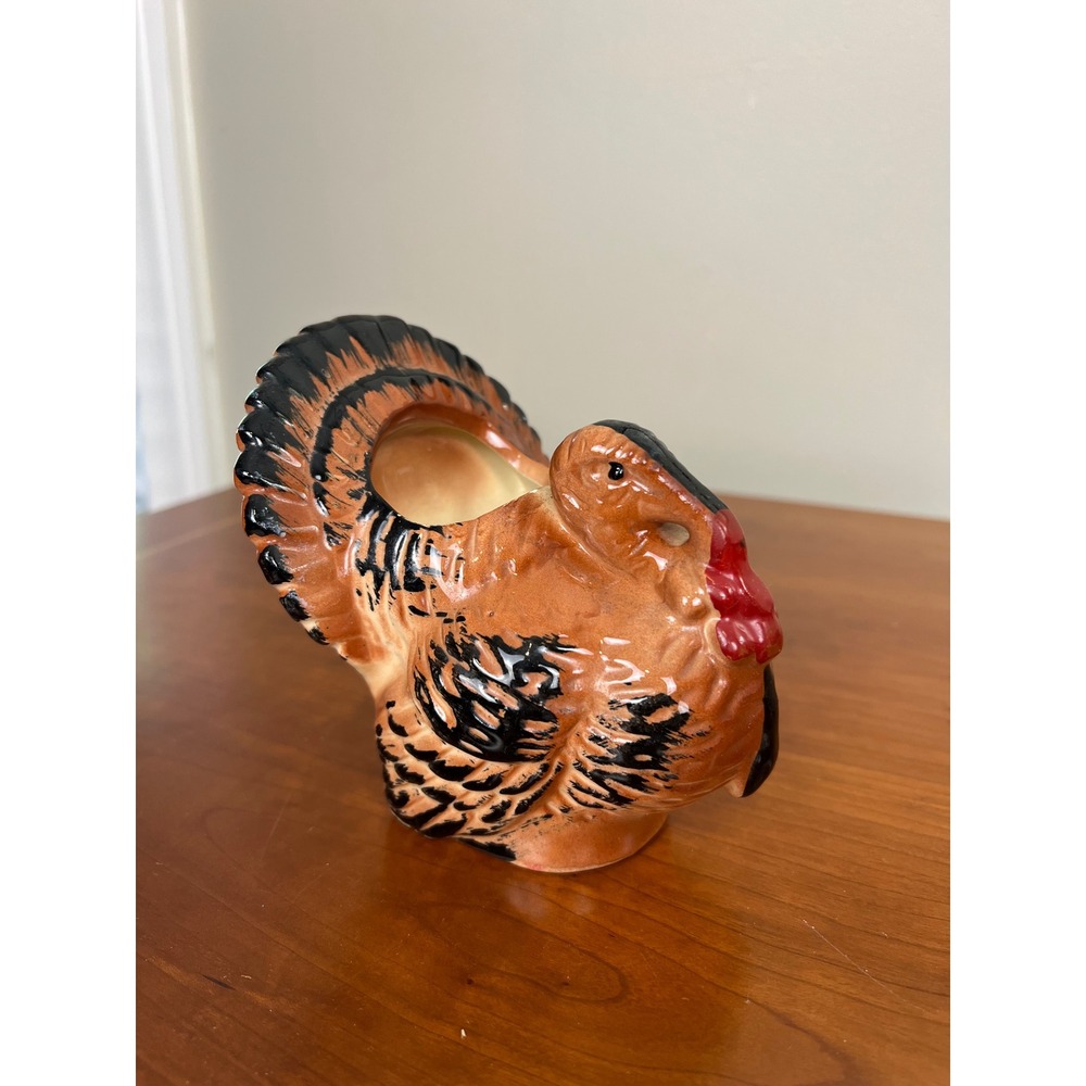 Vintage Ceramic Turkey Planter Thanksgiving Figurine Fall Decor Brown Glossy